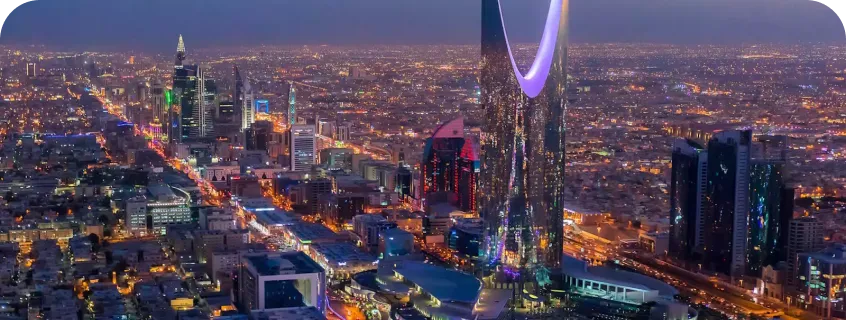 A wide shot of the Riyadh skyline, one of the cities the social media agency Aurora Hikma works out of in Saudi Arabia.